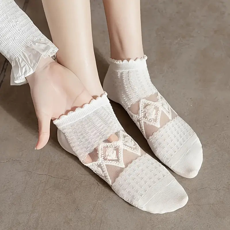 White Colored Booties Socks with Diamond Pattern