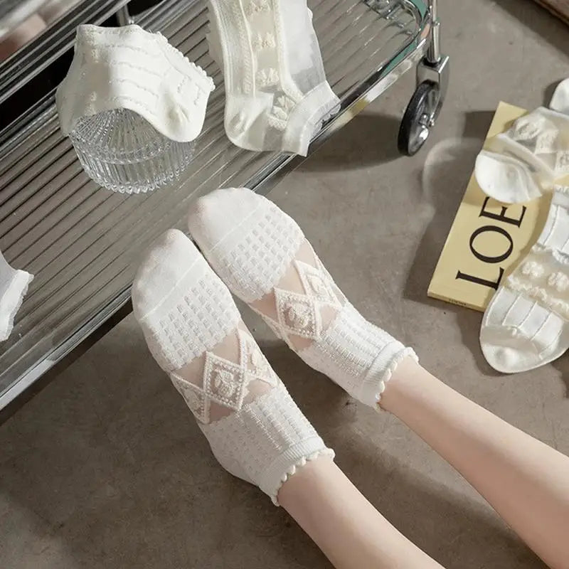 White Colored Booties Socks with Diamond Pattern