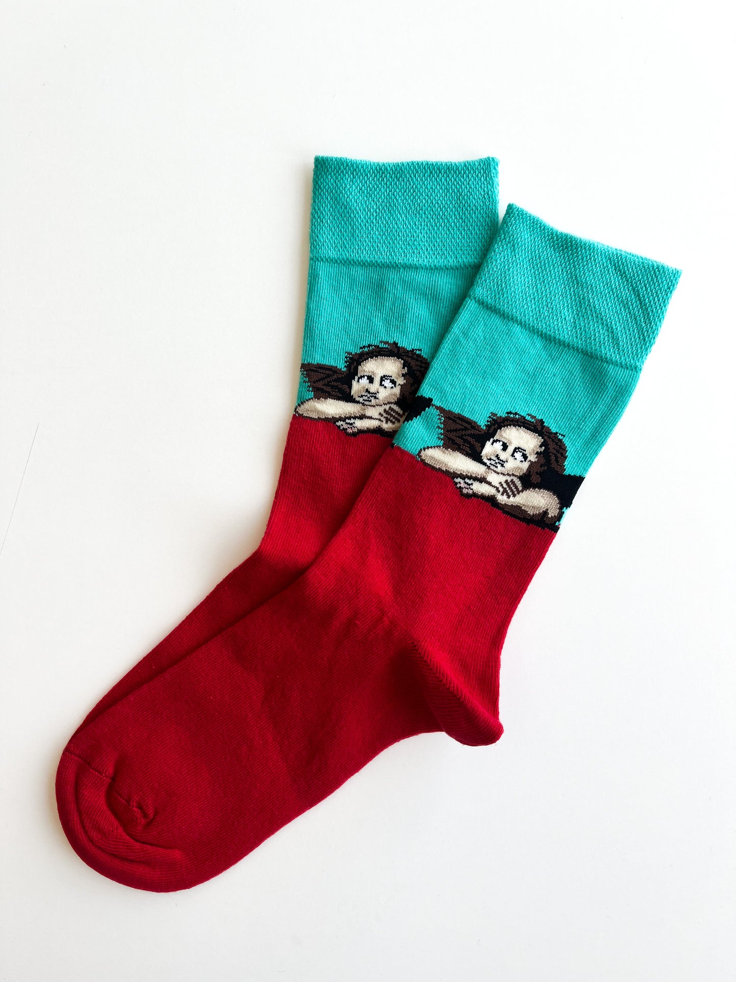 Turquoise and Red Colored Socks with Angel Detail