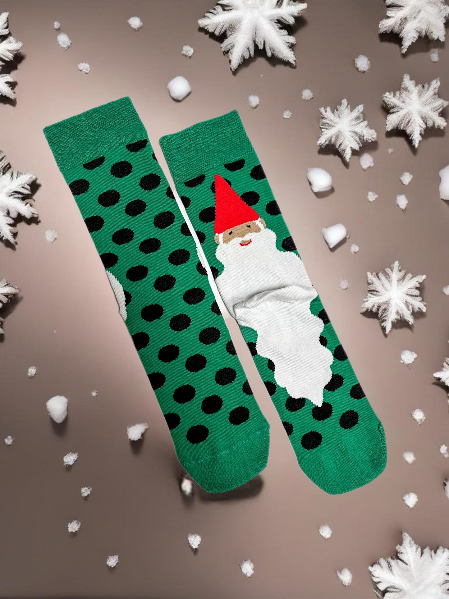 Black spotted green socket socks with Santa Claus detail