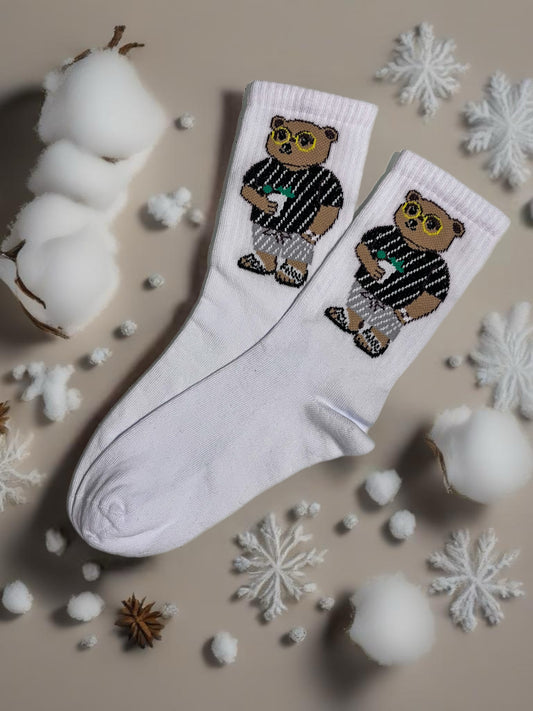 Kahve İçen Teddy Detaylı Beyaz Tenis Spor Çorap
