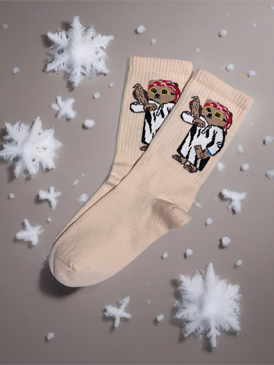 Kuş Tutan Teddy Detaylı Krem Renkli Spor Tenis Çorap