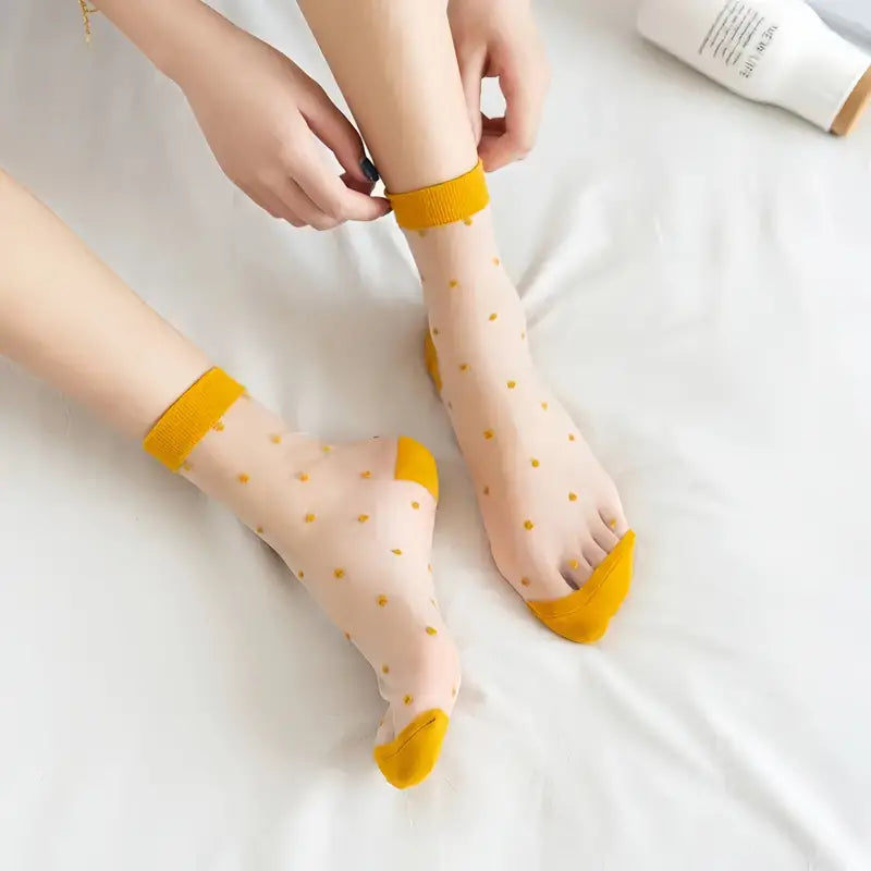 Dot Patterned Mustard Colored Tulle Socks