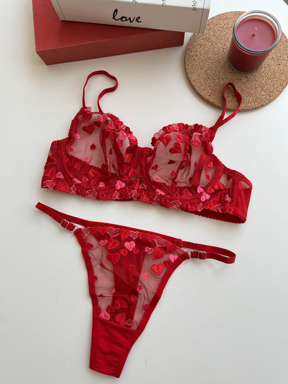 Kırmızı ve Pembe Kalp Detaylı Lingerie Takım