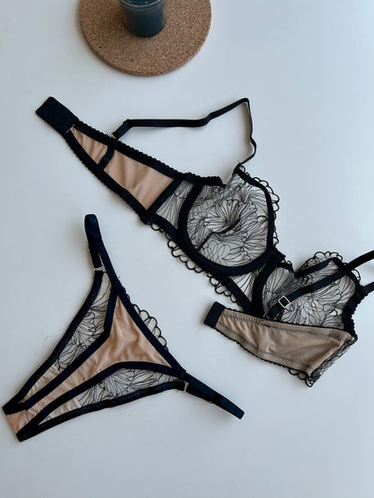 Siyah - Krem Kıvrım Detaylı Lingerie Takım