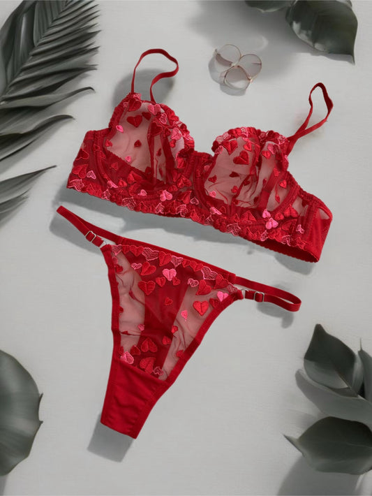 Kırmızı ve Pembe Kalp Detaylı Lingerie Takım