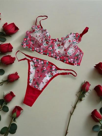 Kırmızı - Pembe Çiçek Detaylı Lingerie İç Çamaşırı